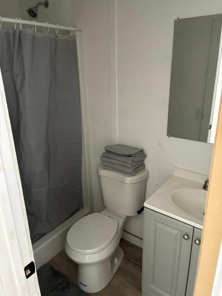 Full bathroom inside a container unit with a shower, toilet and vanity